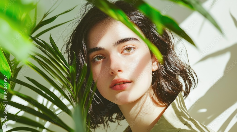 Fototapeta premium Serene Portrait: Woman Amidst Lush Greenery