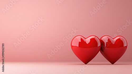 Two red hearts on a soft pink background. photo
