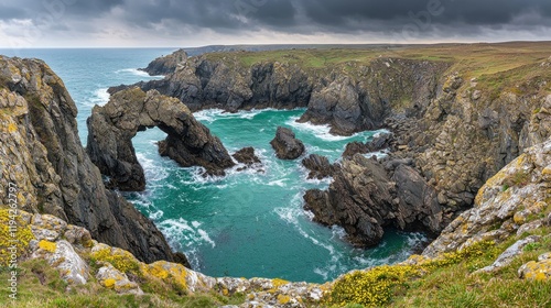 Dramatic Coastal Arch and Turquoise Waters of the Rugged Cornish Coastline photo