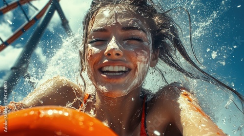 a happy woman is doing her makeup on a speeding rollercoaster with messy makeup all over her face, photoreal, chaotic, shakey, action. photo