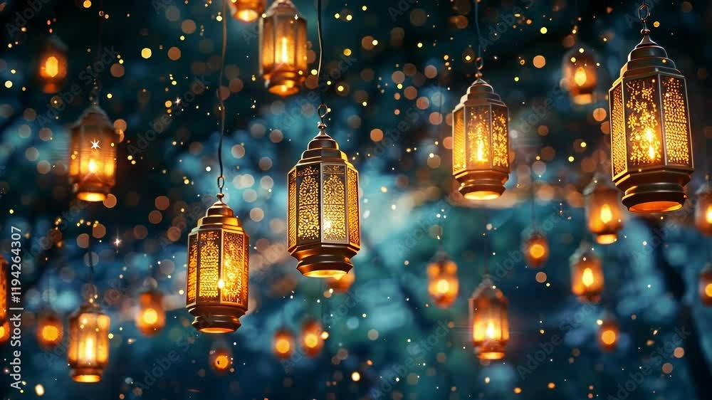 Traditional golden lanterns glowing warmly, hanging against a blurred dark blue bokeh background