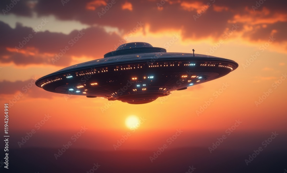 Futuristic UFO hovering at sunset Futuristic UFO hovering at sunset