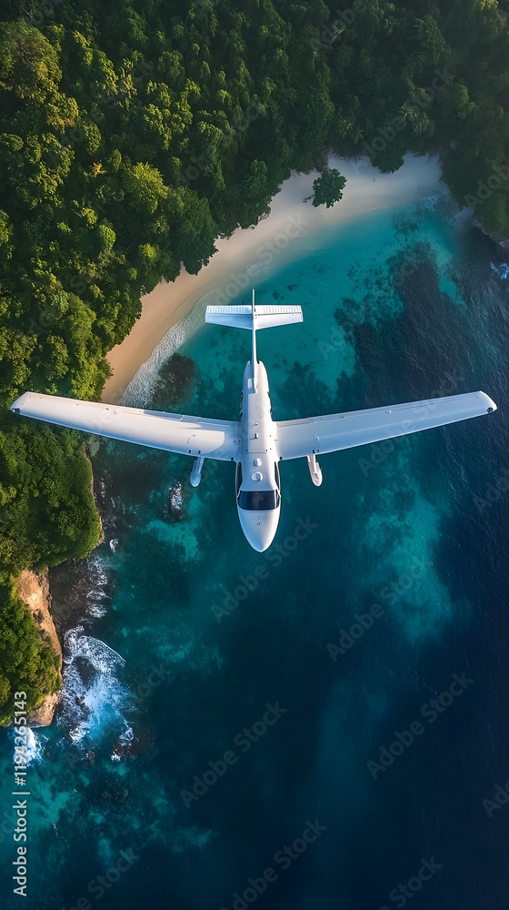 Fototapeta premium Aerial view of a small aircraft flying over a tropical beach and crystal clear waters.