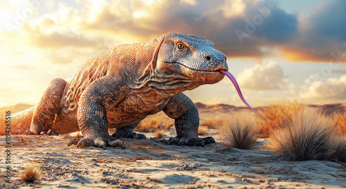 Komodo dragon stands in desert landscape with dramatic sky. 