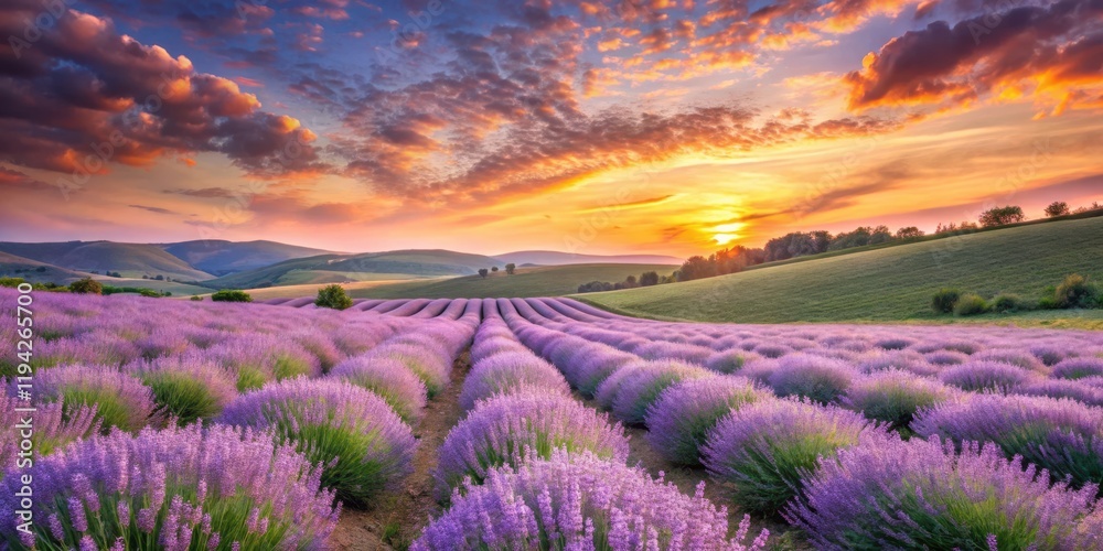 Serene Lavender Field at Sunset, Rows of Purple Blossoms under a Vibrant Sky Serene Lavender Field at Sunset, Rows of Purple Blossoms under a Vibrant Sky