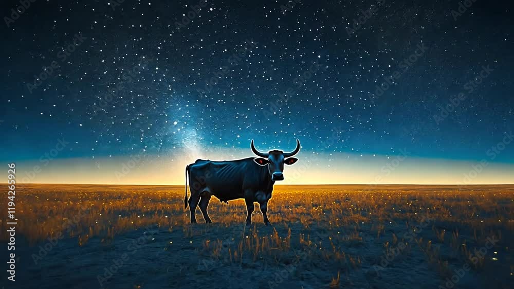 A stylized cow stands against a starry night sky and horizon. A stylized cow stands against a starry night sky and horizon.