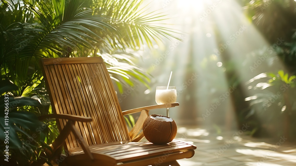 Obraz premium A wooden lounge chair nestled among gently swaying palm leaves, a coconut drink with a straw sitting on the armrest, warm sunlight streaming through, calm and tropical serenity, hd quality.