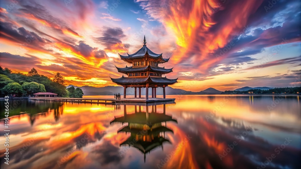 Obraz premium Surreal Sunset over Chinese Temple, West Lake, Hangzhou