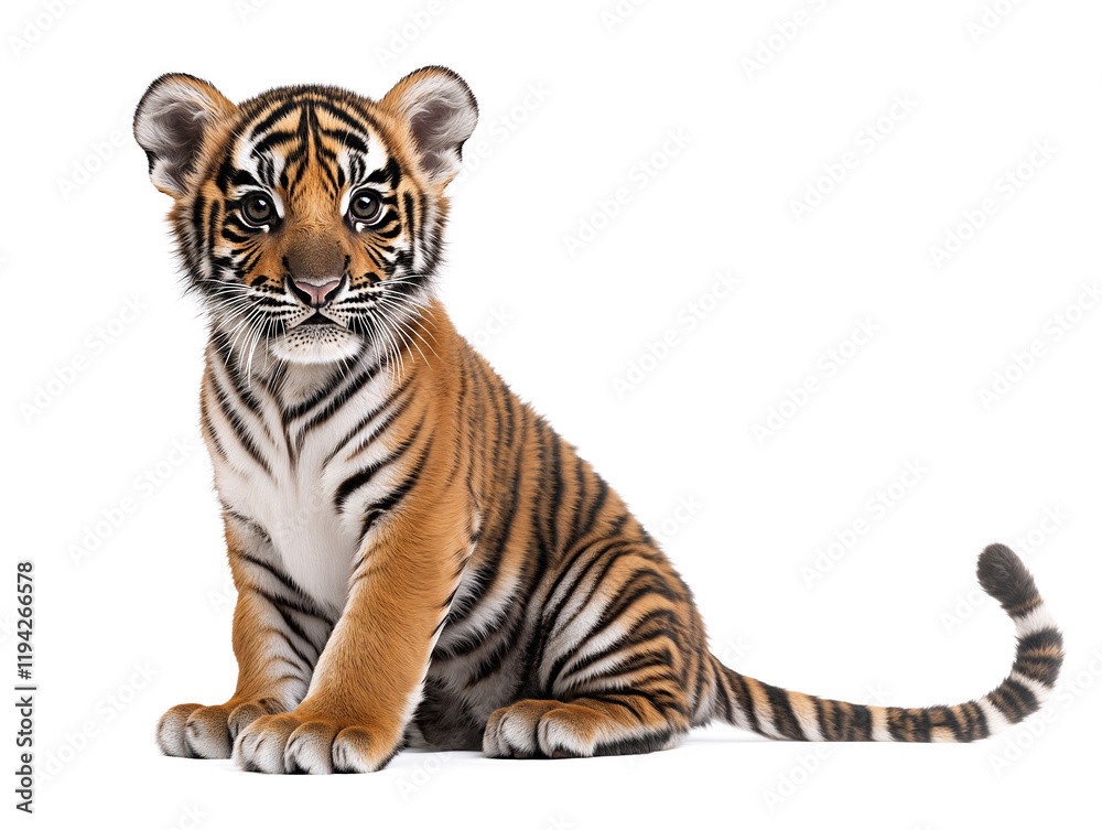 Fototapeta premium cute baby tiger with striking stripes sits against white background. 