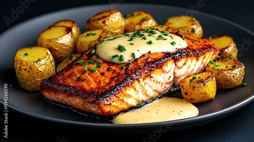 Pan Seared Salmon Fillet with B�arnaise Sauce, Baby Potatoes, and Chive Garnish photo