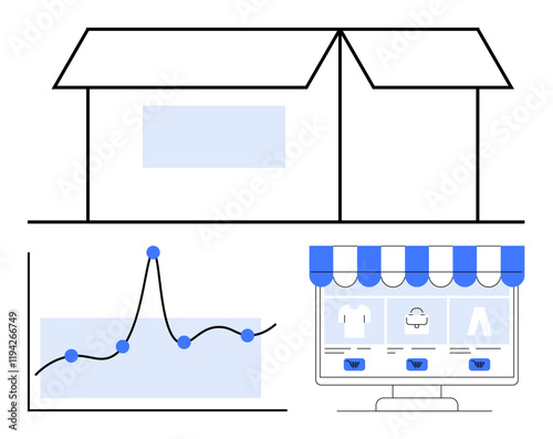 Open box trending line graph and computer screen with online store interface. Ideal for e-commerce, packaging, digital shopping, analytics, business growth, market trends, technology. Line metaphor