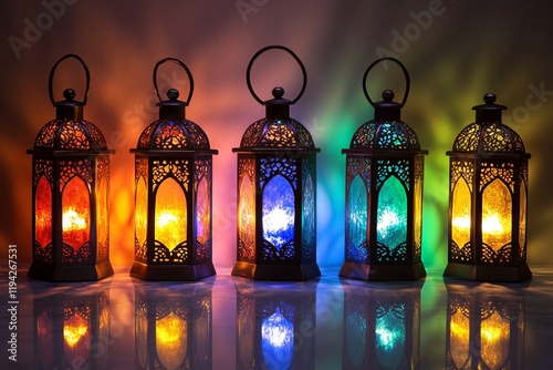 A row of colourful stained glass lantern with reflection photo