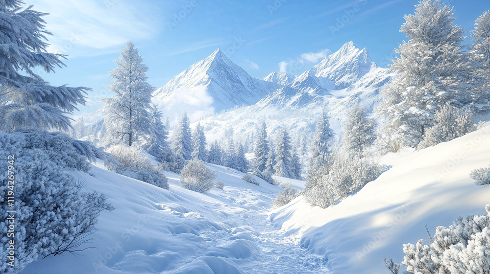 Fototapeta premium Snowy mountain landscape with pine forest under clear blue sky. 