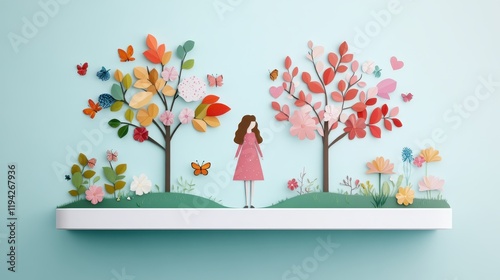 Whimsical paper art of a girl and vibrant trees. photo