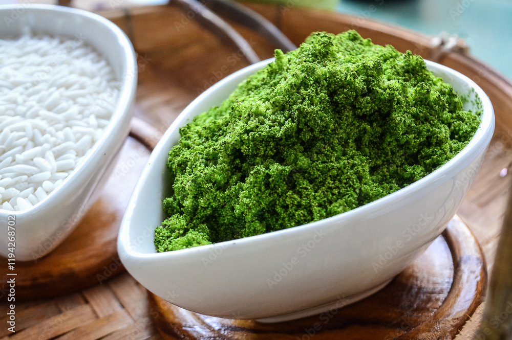 Wolffia globosa or swamp algae,and rice in bowl Wolffia globosa or swamp algae,and rice in bowl