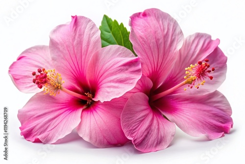 Two Pink Hibiscus Flowers, Macro Photography, Isolated on White Background