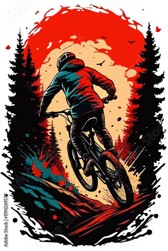 Poster of a Cyclist in Helmet Riding Through Mountains with Paint Splashes and Sun Behind Trees — Dynamic Design for Outdoor Adventures