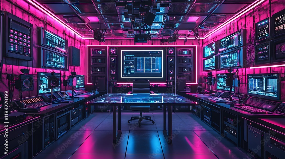 A futuristic podcast studio with holographic displays hovering above a glass desk, RGB-lit control panels, and studio-grade microphones. The backdrop features vibrant neon walls, A futuristic podcast studio with holographic displays hovering above a glass desk, RGB-lit control panels, and studio-grade microphones. The backdrop features vibrant neon walls,