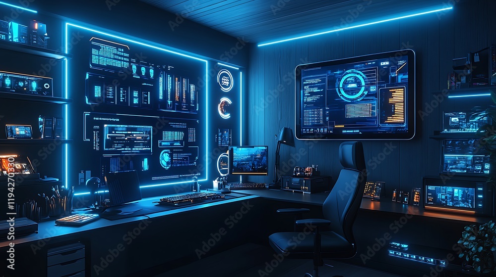 A futuristic tech review setup with a sleek black desk, RGB backlighting, and a wall-mounted screen showcasing product specifications. A futuristic tech review setup with a sleek black desk, RGB backlighting, and a wall-mounted screen showcasing product specifications.