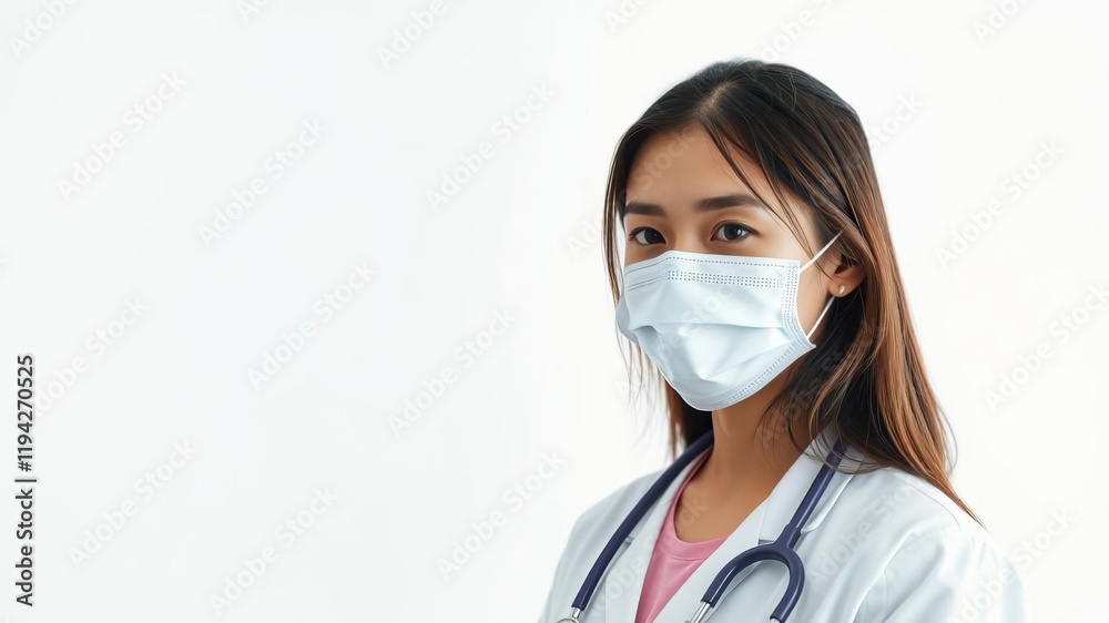 Female doctor in medical mask holding stethoscope against light background with added flag of Thailand, symbolizing medicine, virus epidemic, healthcare crisis, female, Thailand Female doctor in medical mask holding stethoscope against light background with added flag of Thailand, symbolizing medicine, virus epidemic, healthcare crisis, female, Thailand