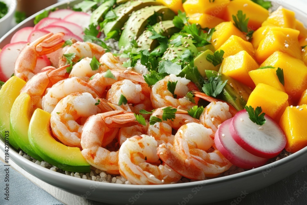 Vibrant Shrimp and Avocado Salad with Fresh Mango and Radishes for a Healthy Meal