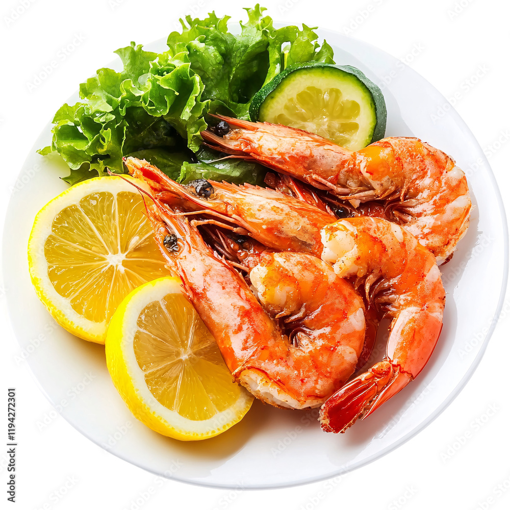 Shrimp with lemon and cucumber on a white plate, isolated on a transparent background Shrimp with lemon and cucumber on a white plate, isolated on a transparent background