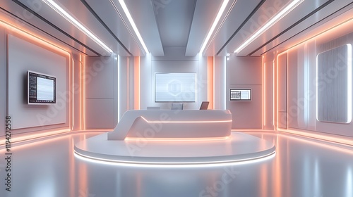 A minimalist newsroom studio with a white desk, bright LED panel walls displaying subtle gradient lighting, and modern teleprompters. The clean aesthetic highlights professionalism and clarity,