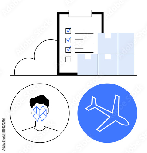 Checklisted clipboard, stacked boxes, schematic face recognition icon, and airplane icon in circles. Ideal for logistics, technology, aviation, shipping, monitoring security abstract line flat