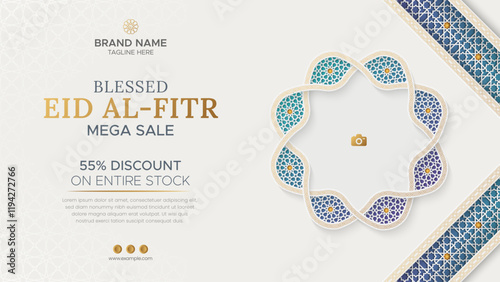 Eid al Fitr Sale Banner Islamic Ornamental Background, Ramadan sale social media post with empty space for photo