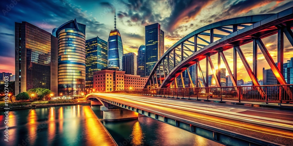 Obraz premium Vintage Cityscape: Sleek Bridge Connecting Bustling Commercial Districts