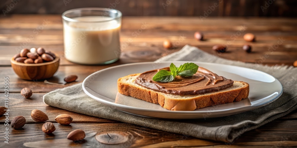A slice of toasted bread topped with rich chocolate nut butter, garnished with a fresh mint sprig, served on a plate alongside a glass of plant-based milk and a bowl of nuts. A slice of toasted bread topped with rich chocolate nut butter, garnished with a fresh mint sprig, served on a plate alongside a glass of plant-based milk and a bowl of nuts.