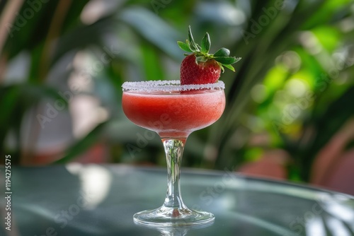 Refreshing strawberry daiquiri tropical drink recipe beach bar cocktail photography lush green environment close-up view tropical drinks delight photo