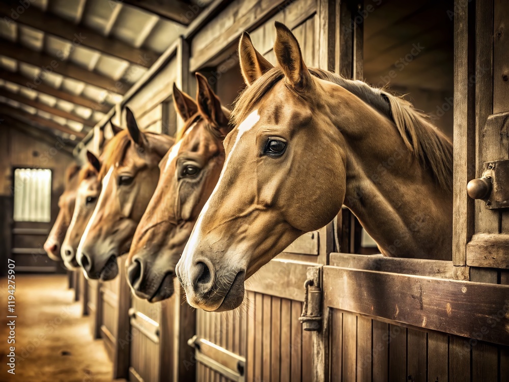 Fototapeta premium Vintage Photo: Three Curious Horses Peek from Modern Stable Stalls