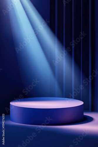 Blue podium with a spotlight on a stage background.