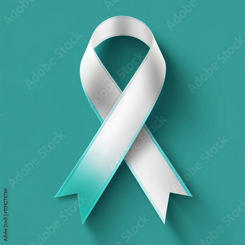 A ribbon with the word awareness written on it. The ribbon is blue and white. The ribbon is meant to represent a cause or a message