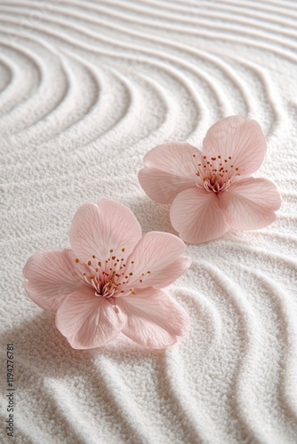 Pink cherry blossom flowers on white sand.