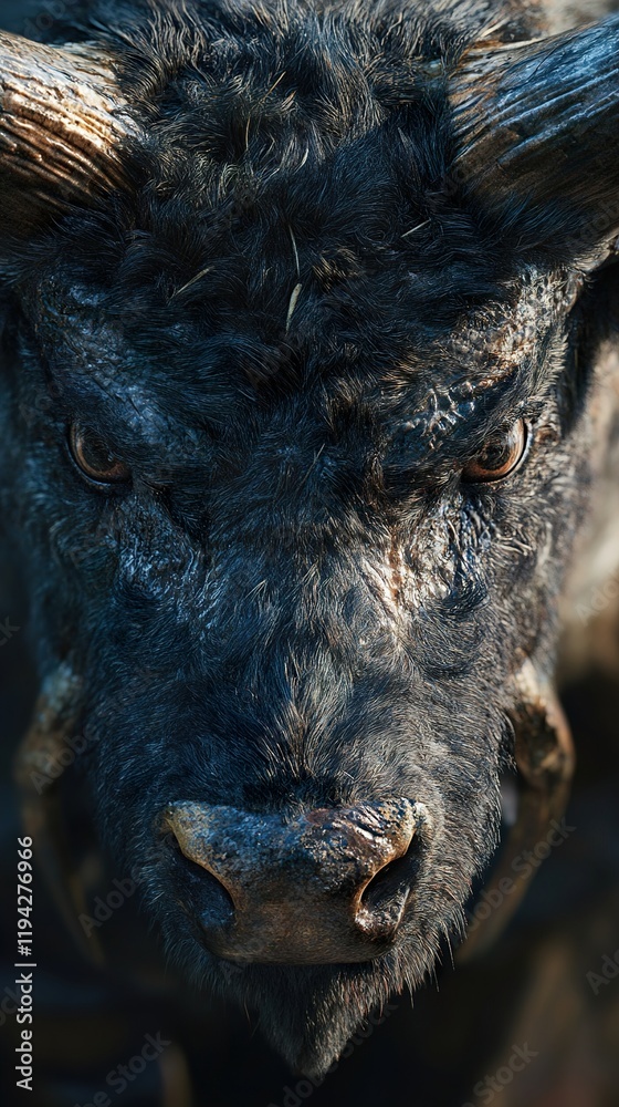 Majestic Dark Bull Portrait: Intense Gaze and Powerful Presence Majestic Dark Bull Portrait: Intense Gaze and Powerful Presence