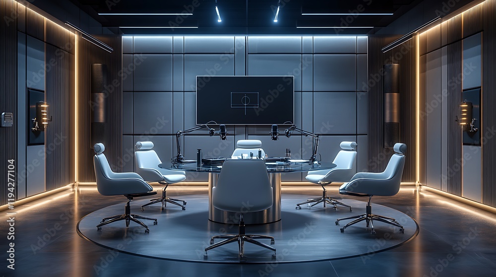 A professional podcast studio with a round glass table, white chairs, and high-end microphones on adjustable stands. Overhead lighting creates even illumination, A professional podcast studio with a round glass table, white chairs, and high-end microphones on adjustable stands. Overhead lighting creates even illumination,