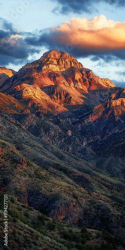 Sunset Mountain Landscape Dramatic colors paint a majestic peak under a vibrant sky, ideal for travel, nature, or adventure themes photo