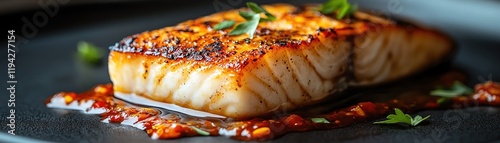 Grilled fish fillet with sauce, garnished with herbs, closeup photo