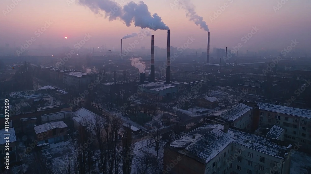 Industrial Sunset: A City's Smog-Shrouded Silhouette Industrial Sunset: A City's Smog-Shrouded Silhouette