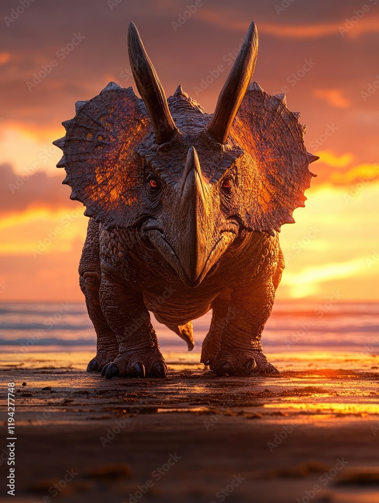 Fototapeta premium Triceratops sunset beach prehistoric creature; fantasy art