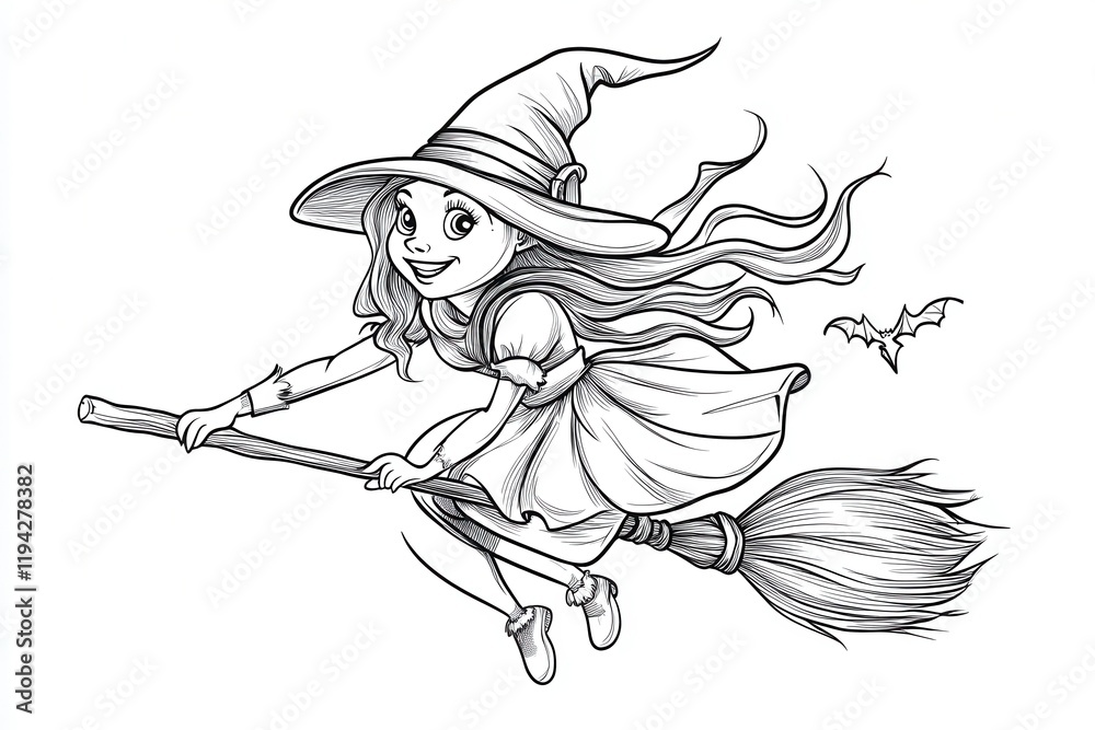 Fototapeta premium Cute Witch Flying on a Broomstick in a Halloween Outline Coloring Page for Kids. Generative AI