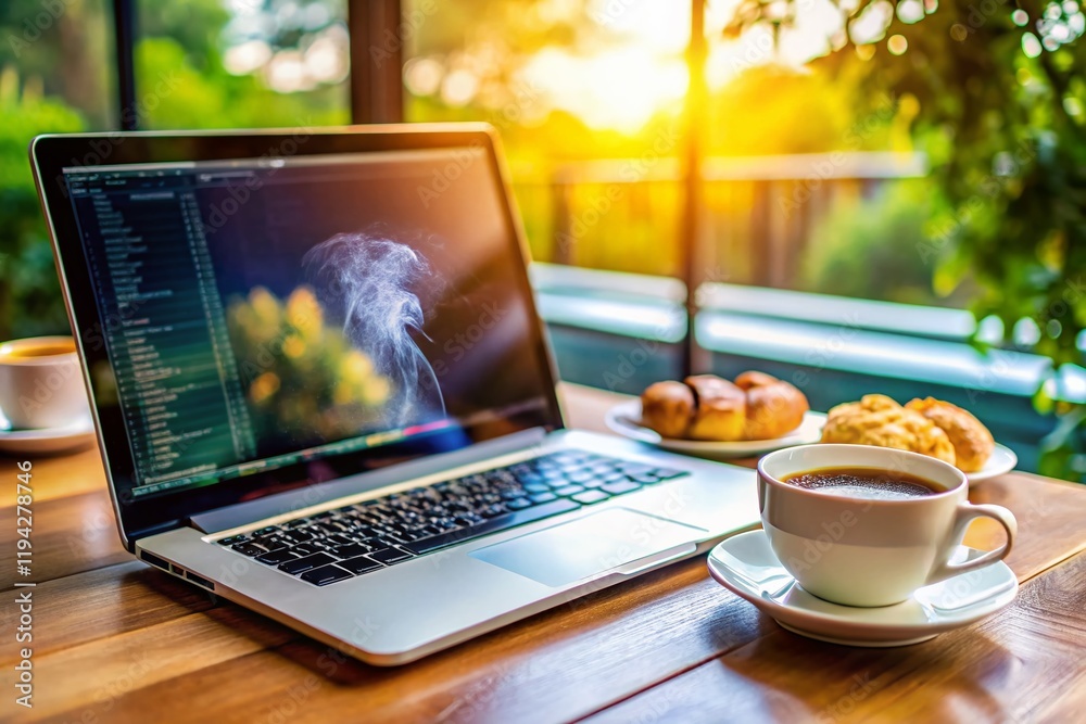 Fototapeta premium Web Development: Java Code on Laptop Screen with Coffee and Snacks