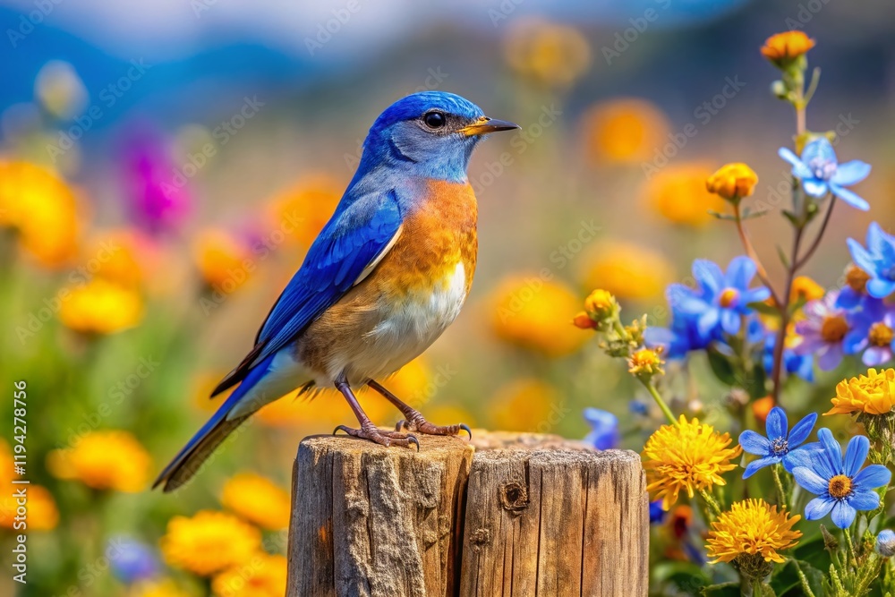 Obraz premium Western Bluebird Perched on Wooden Post - Panoramic Landscape Photography