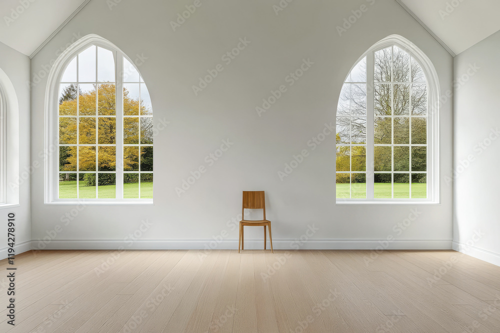 Fototapeta premium Bright and spacious room with a single wooden chair and large windows overlooking nature