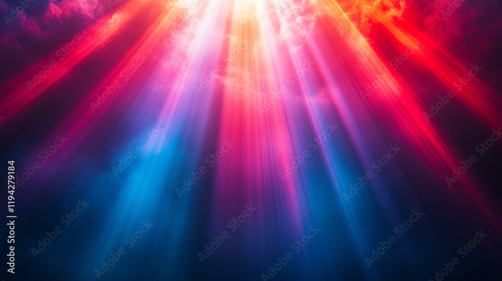 Vibrant rays of colored light breaking through dark clouds at sunset