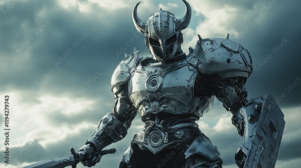 A futuristic knight in metallic armor stands against a dramatic sky, wielding a sword. A futuristic knight in metallic armor stands against a dramatic sky, wielding a sword.