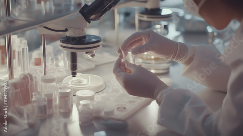 Lab Technicians Working with Microscope and Samples photo