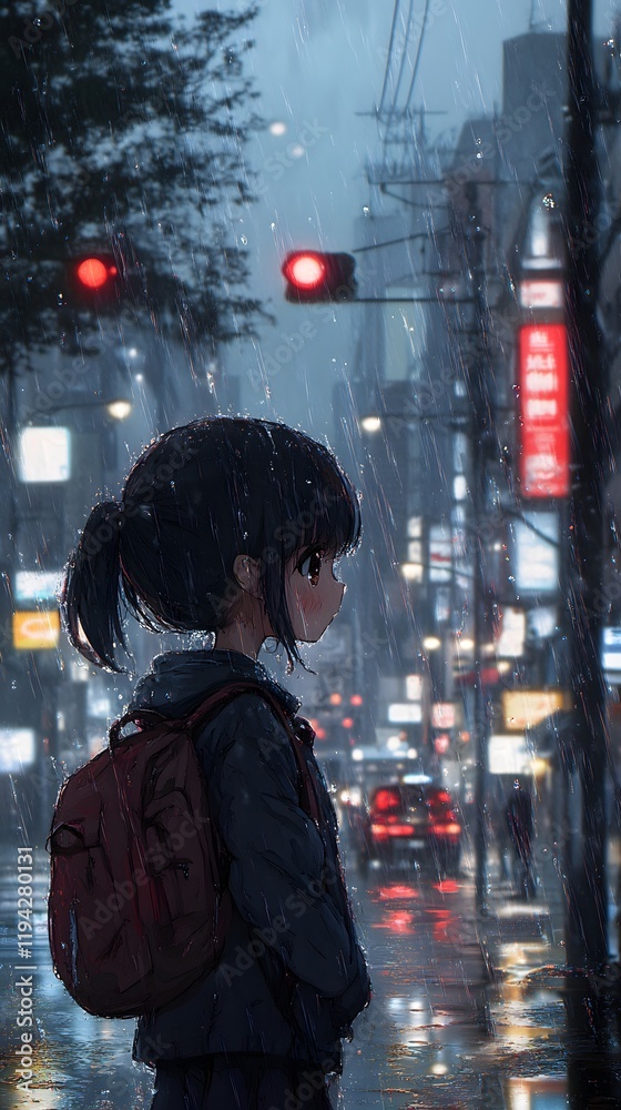 Obraz premium A young girl waits under the rain at a city intersection, lost in thought.